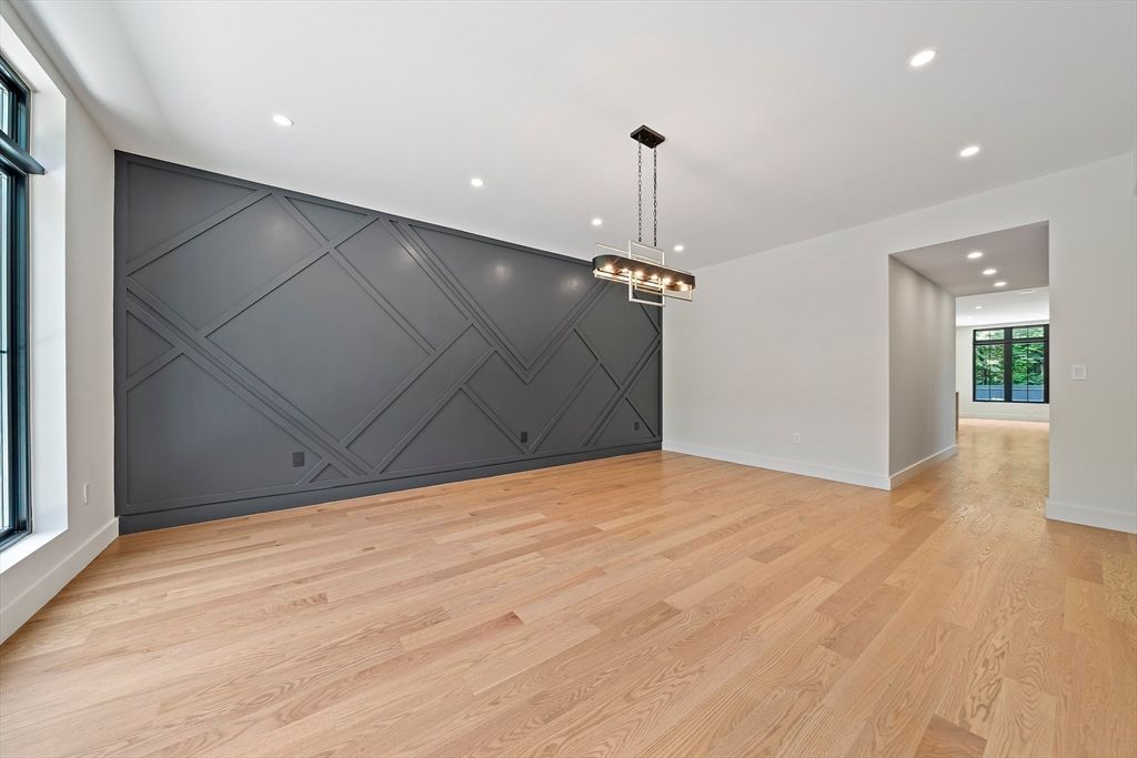 Empty room, Interior, Pendant Lights, Recessed Lighting, Wood Texture Flooring