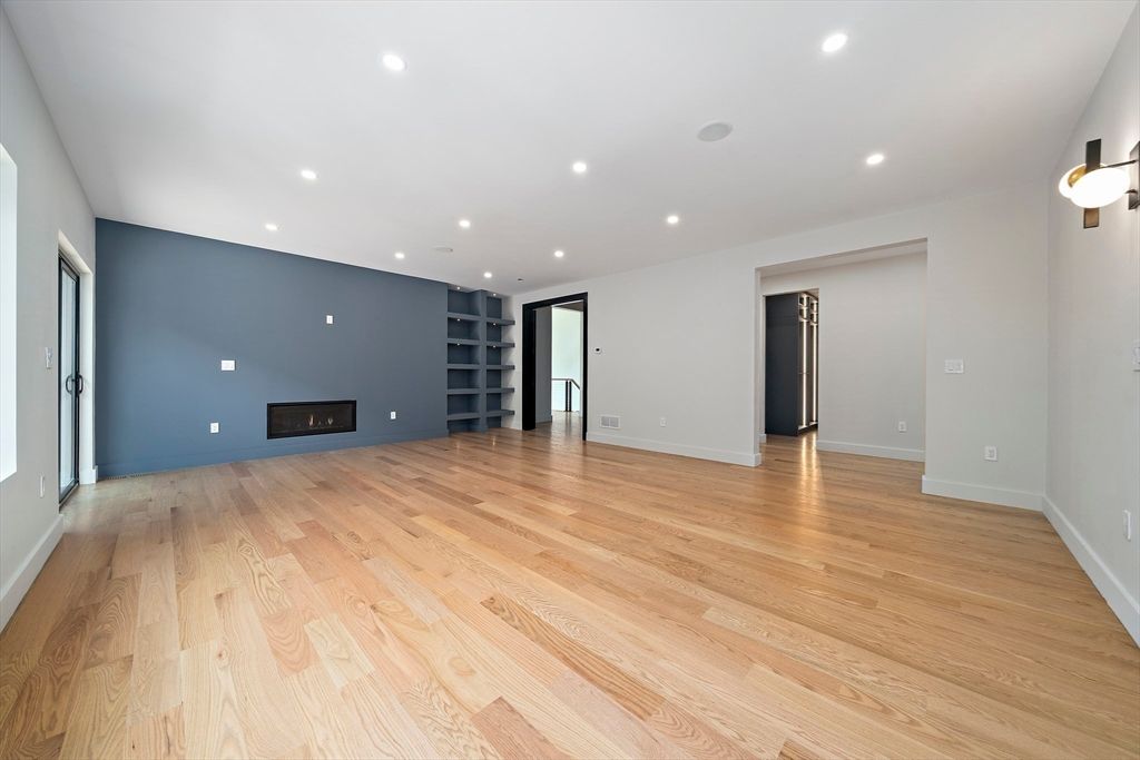 Empty room, Fireplace, Interior, Recessed Lighting, Wood Texture Flooring