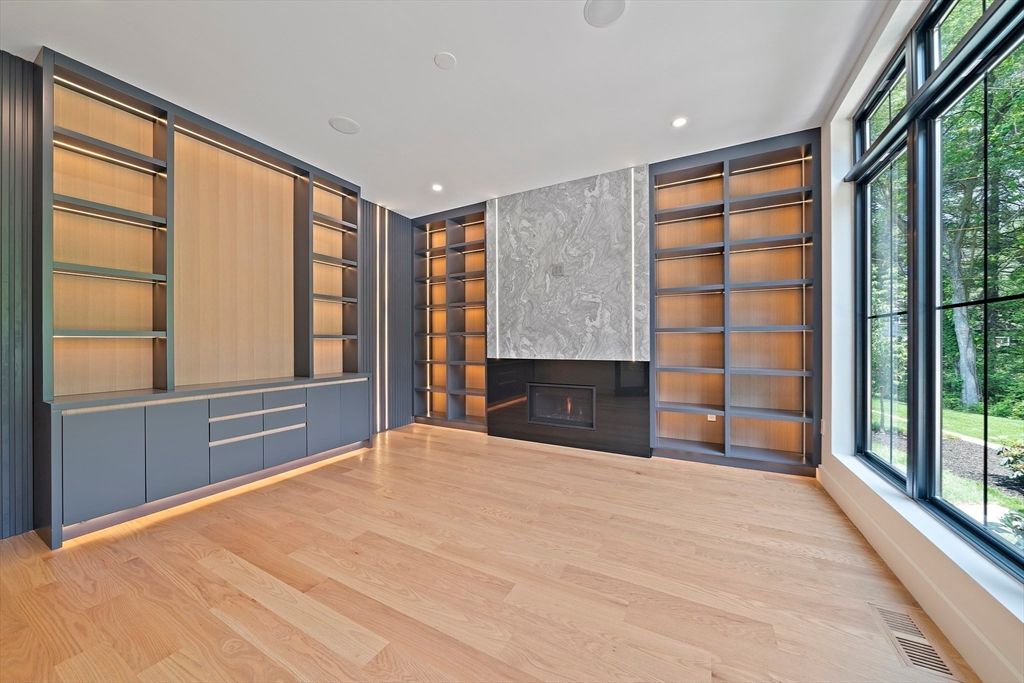 Empty room, Fireplace, Interior, Recessed Lighting, Wood Texture Flooring