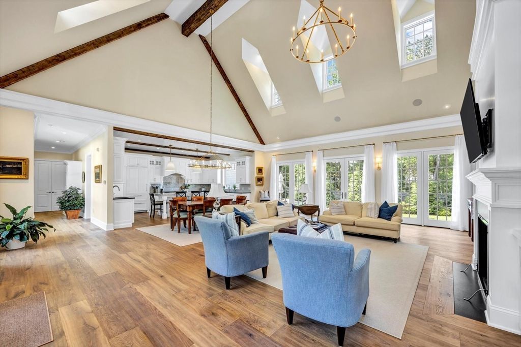 Dining room, Fireplace, Interior, Living room, Pendant Lights, Recessed Lighting, Wooden Beams, Wood Texture Flooring