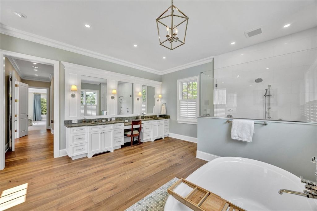 Bathroom, Dual Sink Vanities, Free Standing Baths, Glass Shower, Interior, Pendant Lights, Recessed Lighting, Wood Texture Flooring