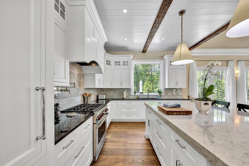 Interior, Kitchen, Pendant Lights, Recessed Lighting, Stainless Steel Appliances, Wooden Beams, Wood Texture Flooring