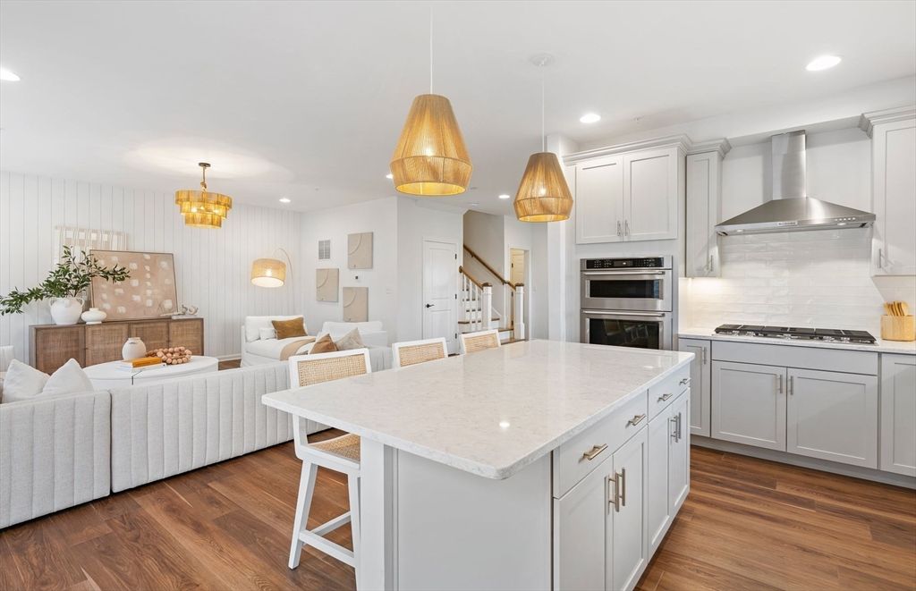 Chandelier, Interior, Kitchen, Pendant Lights, Recessed Lighting, Stainless Steel Appliances, Wood Texture Flooring
