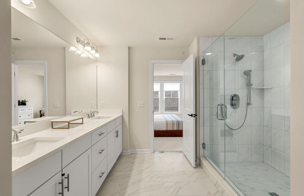 Bathroom, Dual Sink Vanities, Glass Shower, Interior, Marble