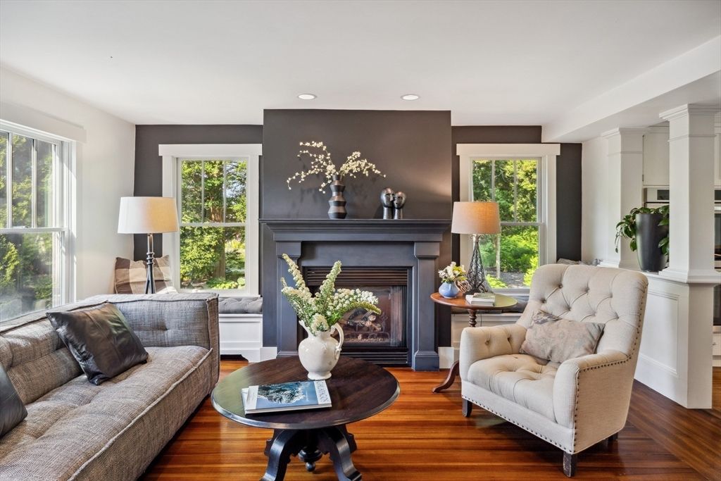 Fireplace, Interior, Living room, Recessed Lighting, Wood Texture Flooring