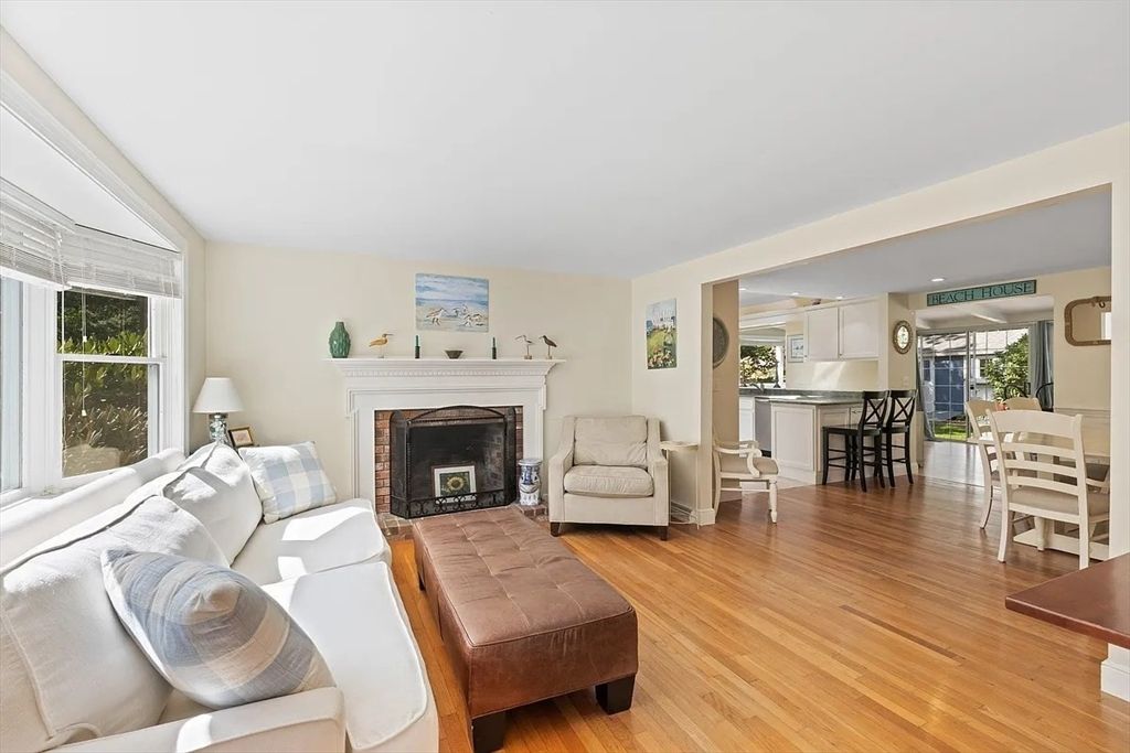 Dining room, Fireplace, Interior, Kitchen, Living room, Recessed Lighting, Wood Texture Flooring