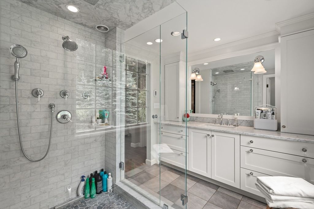 Bathroom, Glass Shower, Interior, Recessed Lighting, Stone Walls