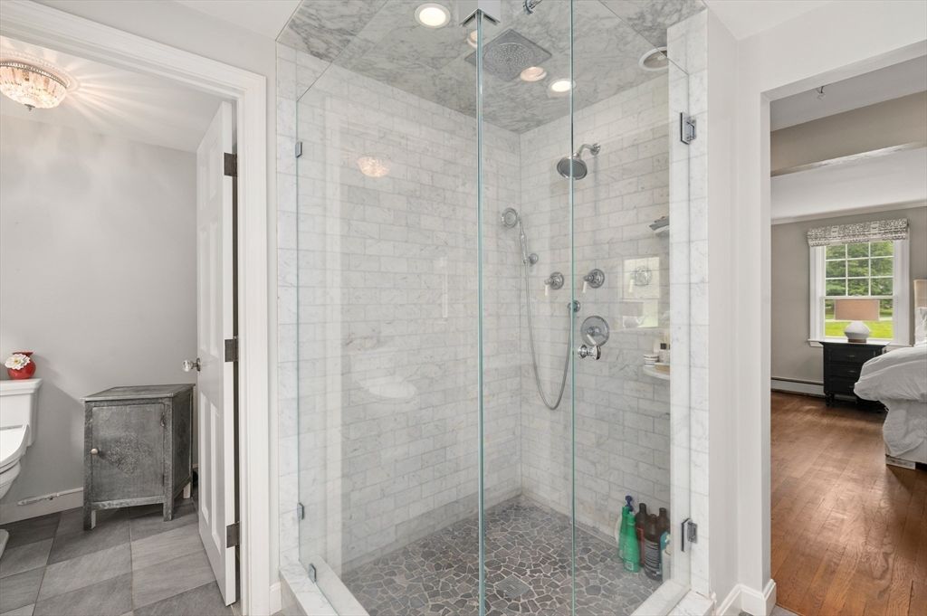 Bathroom, Glass Shower, Interior, Recessed Lighting, Wood Texture Flooring