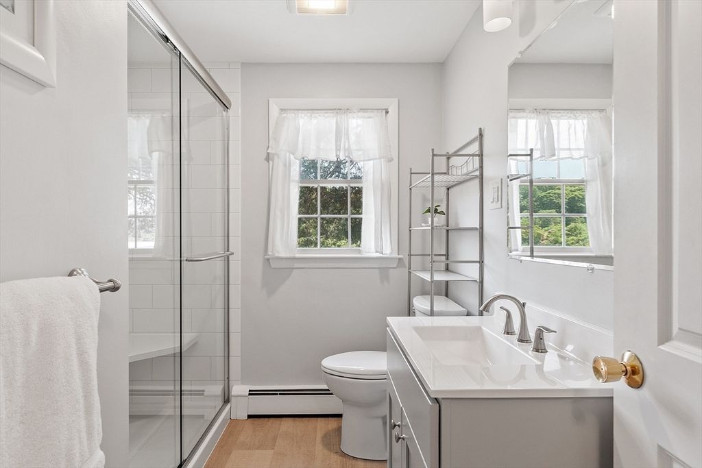 Bathroom, Glass Shower, Interior, Wood Texture Flooring