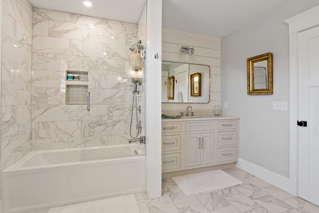 Bathroom, Glass Shower, Interior, Marble, Marble Walls, Recessed Lighting