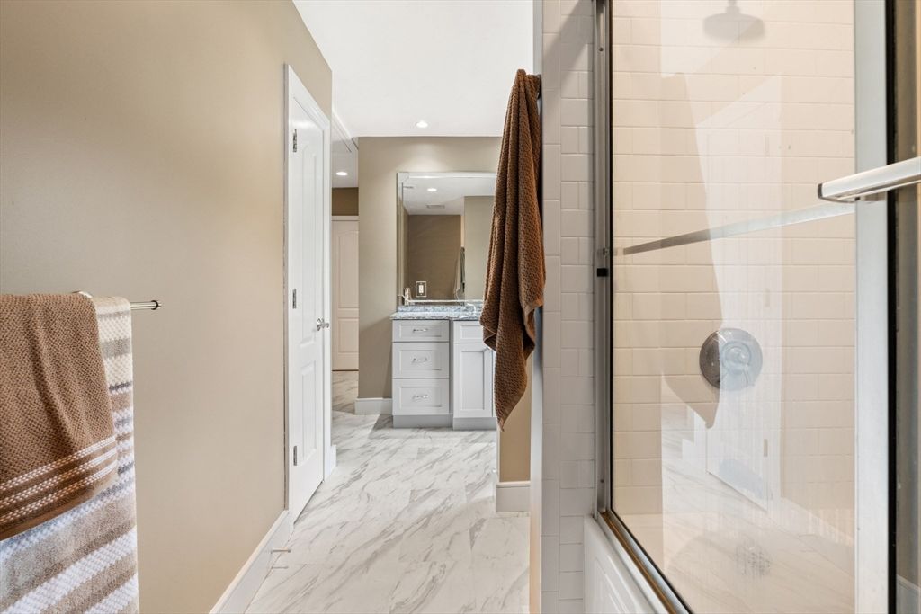 Bathroom, Glass Shower, Interior, Marble, Recessed Lighting