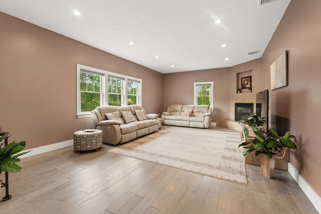 Fireplace, Interior, Living room, Recessed Lighting, Wood Texture Flooring