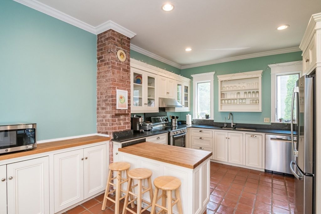 Interior, Kitchen, Recessed Lighting, Stainless Steel Appliances, Stone Walls