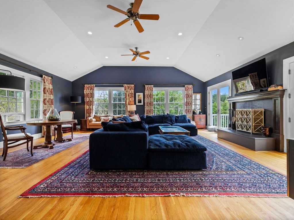 Fireplace, Interior, Living room, Recessed Lighting, Wood Texture Flooring