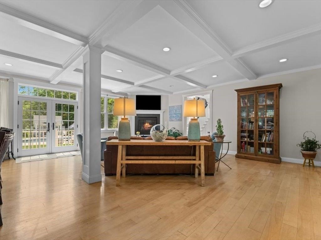 Fireplace, Home Office, Interior, Recessed Lighting, Wood Texture Flooring