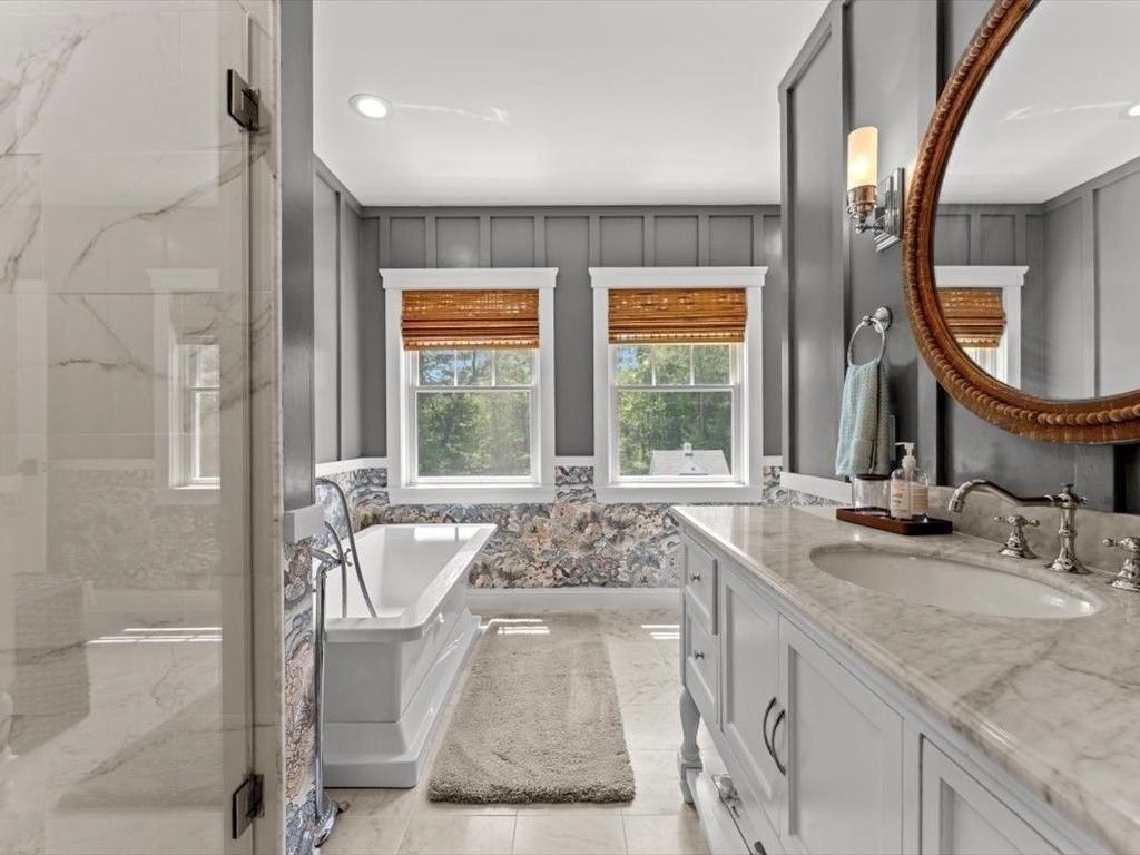 Bathroom, Dual Sink Vanities, Interior, Marble Walls, Recessed Lighting