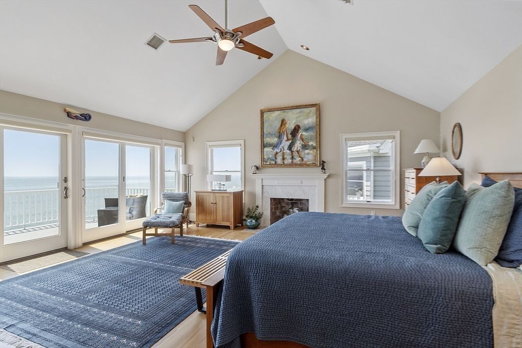 Bedroom, Fireplace, Interior, Water, Wood Texture Flooring