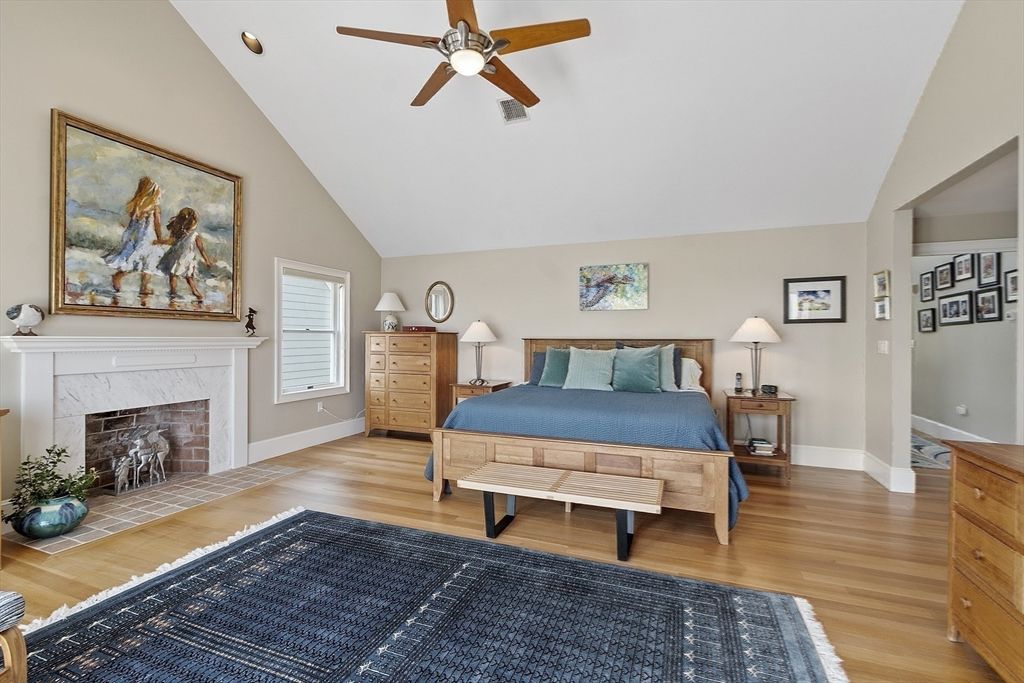 Bedroom, Fireplace, Interior, Wood Texture Flooring