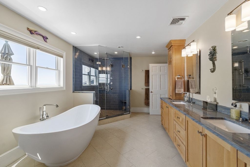 Bathroom, Dual Sink Vanities, Free Standing Baths, Glass Shower, Interior, Recessed Lighting