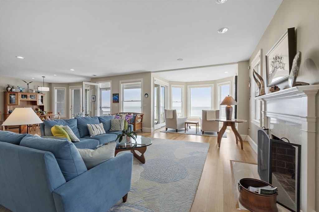 Dining room, Fireplace, Interior, Kitchen, Living room, Pendant Lights, Recessed Lighting, Wood Texture Flooring