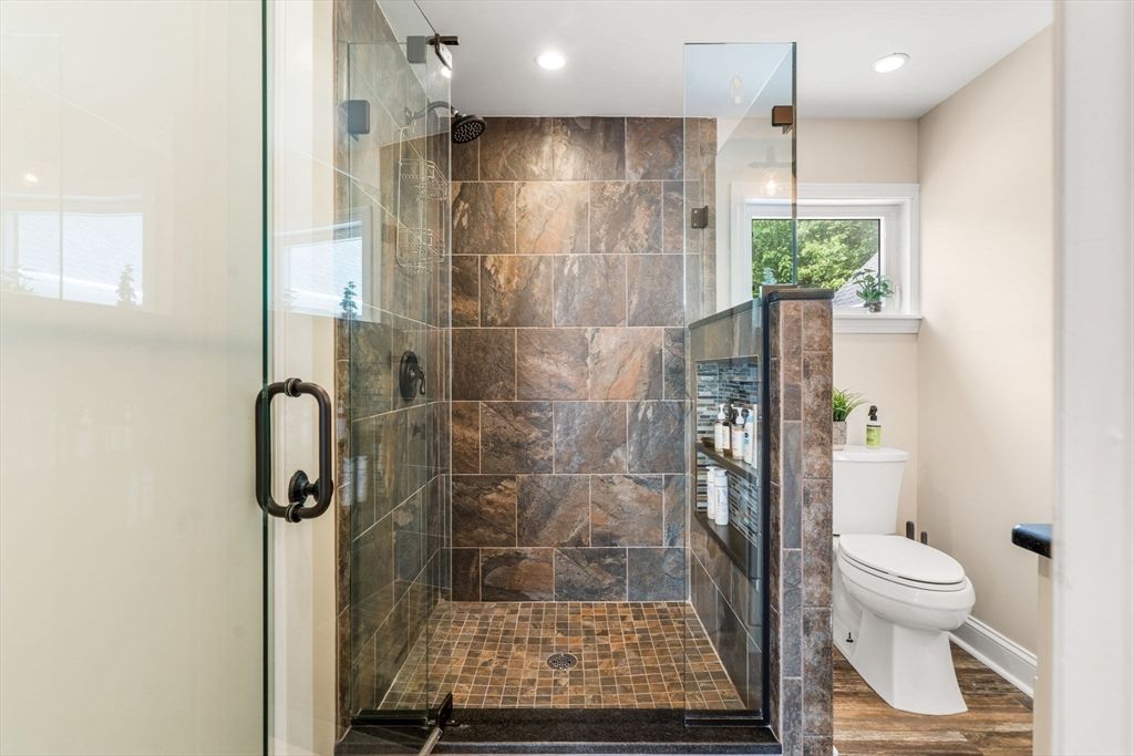 Bathroom, Glass Shower, Interior, Recessed Lighting, Wood Texture Flooring
