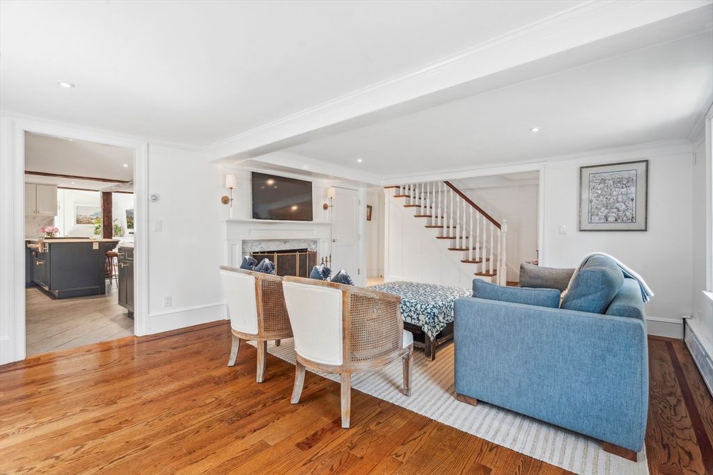Dining room, Fireplace, Interior, Living room, Recessed Lighting, Wood Texture Flooring