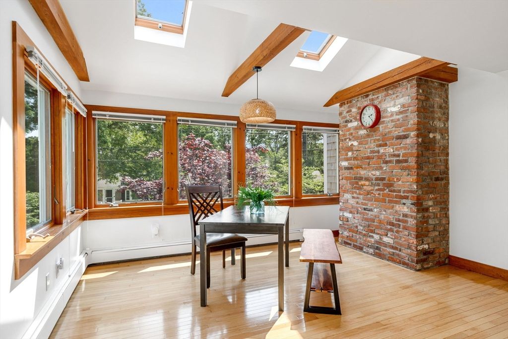 Dining room, Interior, Pendant Lights, Stone Walls, Wooden Beams, Wood Texture Flooring