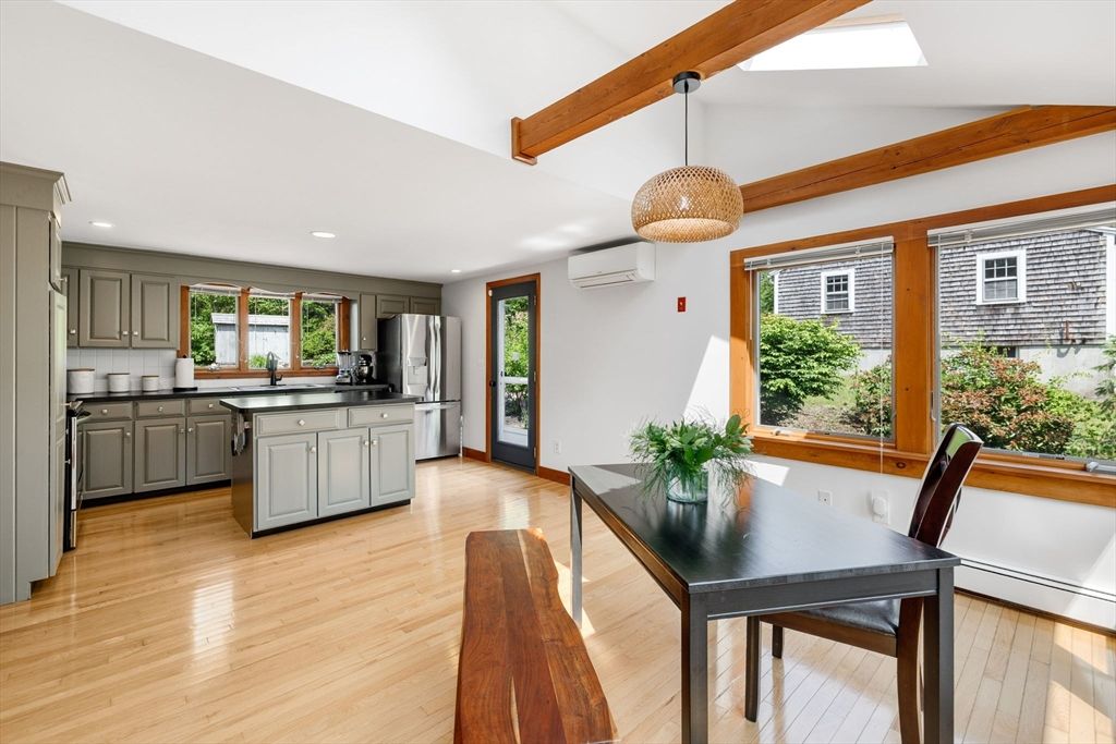 Dining room, Interior, Kitchen, Pendant Lights, Recessed Lighting, Stainless Steel Appliances, Wooden Beams, Wood Texture Flooring
