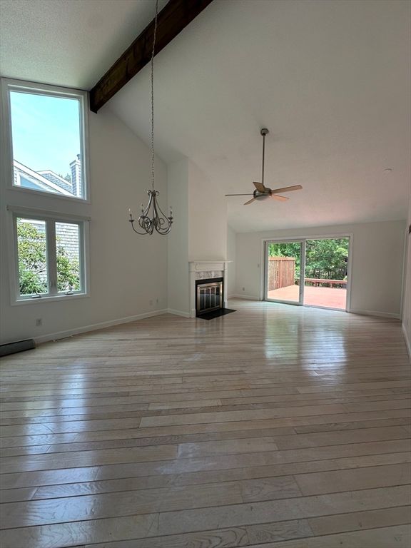 Chandelier, Empty room, Fireplace, Interior, Wooden Beams, Wood Texture Flooring