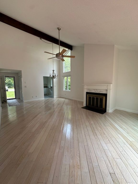 Empty room, Fireplace, Interior, Pendant Lights, Wood Texture Flooring