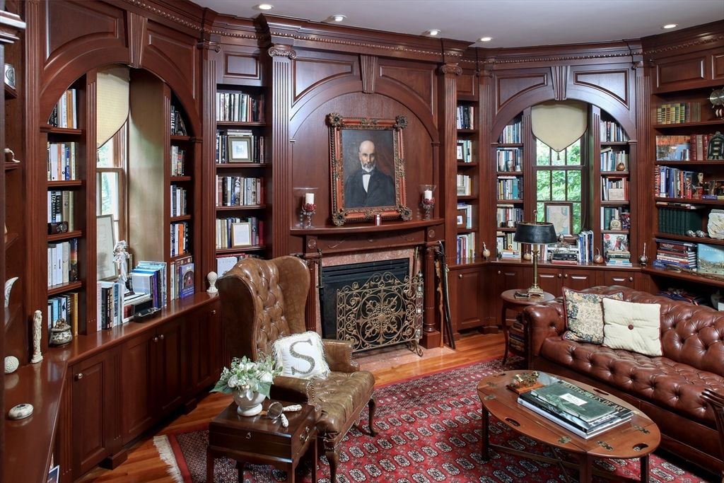 Fireplace, Home Office, Interior, Recessed Lighting, Wood Texture Flooring, Wooden Walls