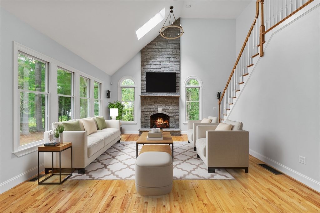 Fireplace, Interior, Living room, Stone Walls, Wood Texture Flooring