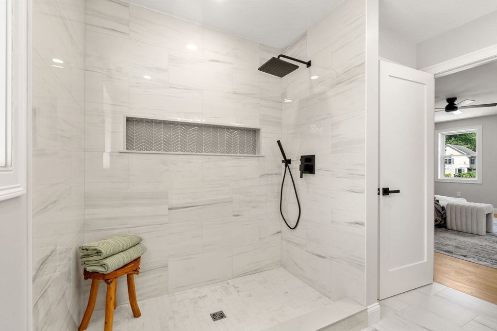 Bathroom, Glass Shower, Interior, Marble, Marble Walls, Wood Texture Flooring