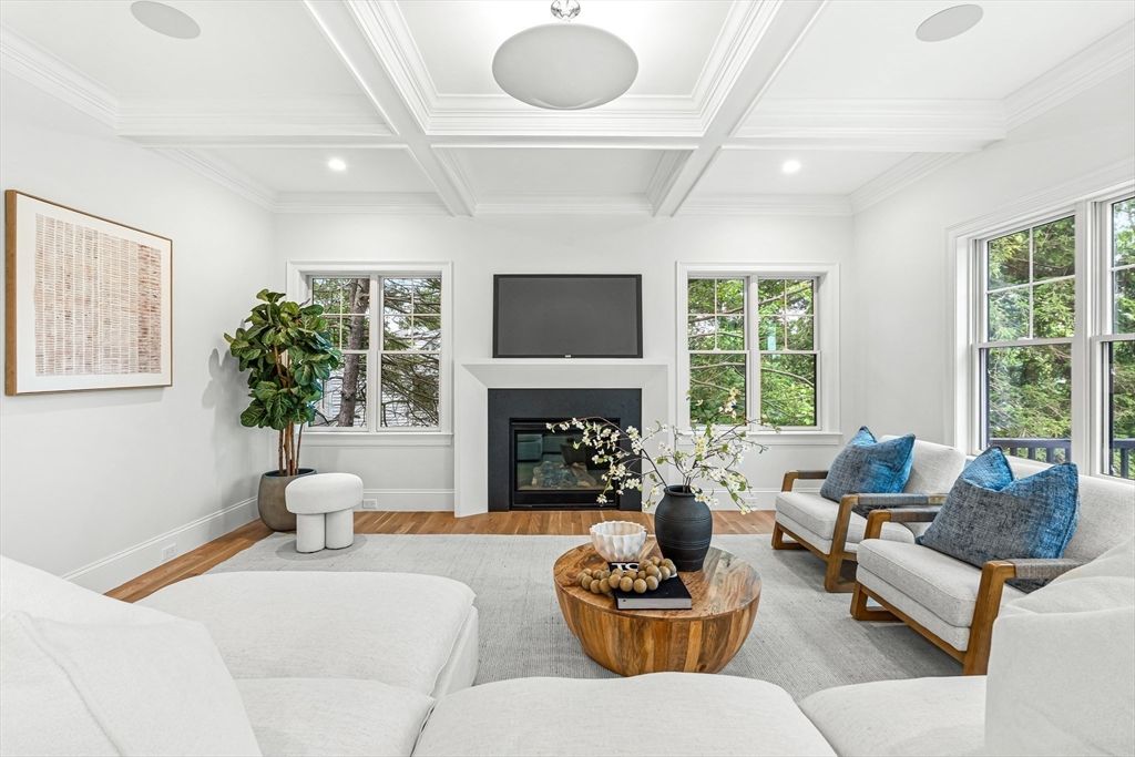 Fireplace, Interior, Living room, Recessed Lighting, Wood Texture Flooring