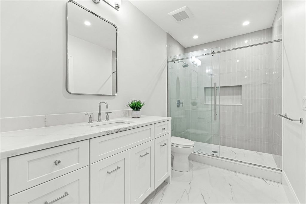 Bathroom, Dual Sink Vanities, Glass Shower, Interior, Marble, Recessed Lighting