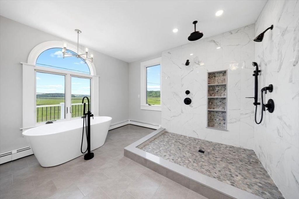 Bathroom, Free Standing Baths, Glass Shower, Interior, Marble Walls, Pendant Lights, Recessed Lighting