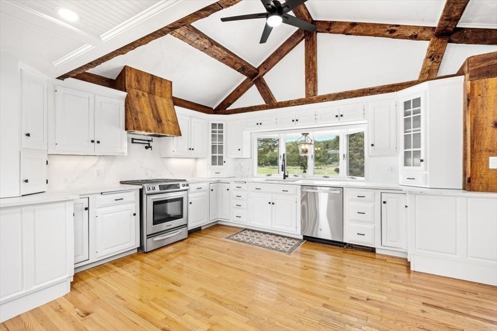 Interior, Kitchen, Marble Walls, Pendant Lights, Stainless Steel Appliances, Wooden Beams, Wood Texture Flooring
