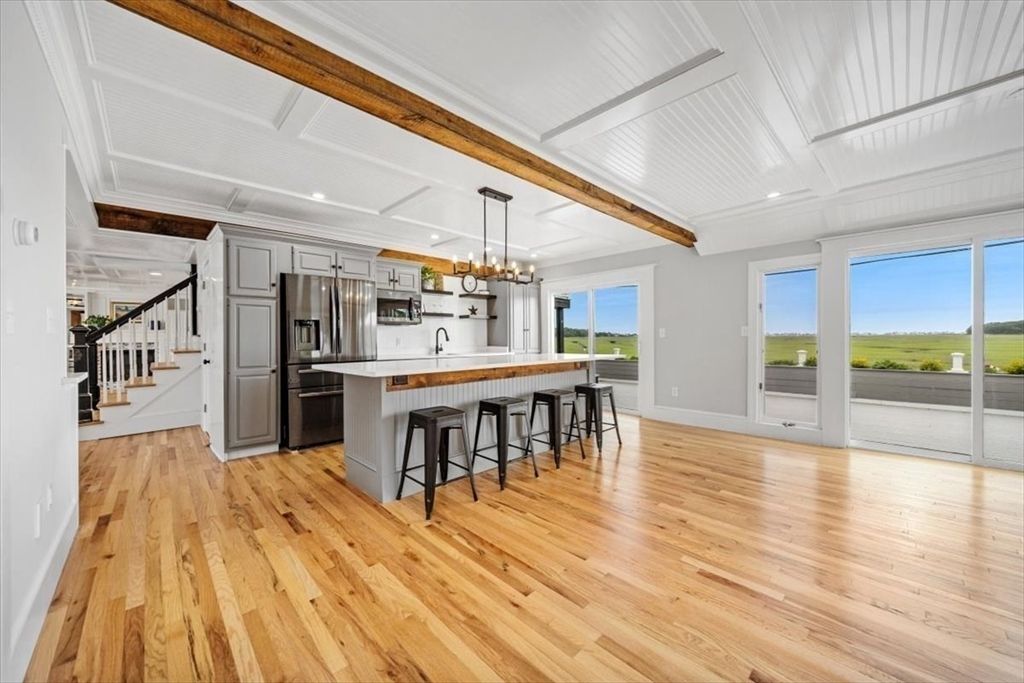 Chandelier, Interior, Kitchen, Pendant Lights, Recessed Lighting, Stainless Steel Appliances, Wood Texture Flooring