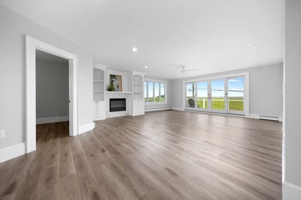 Empty room, Fireplace, Interior, Recessed Lighting, Wood Texture Flooring