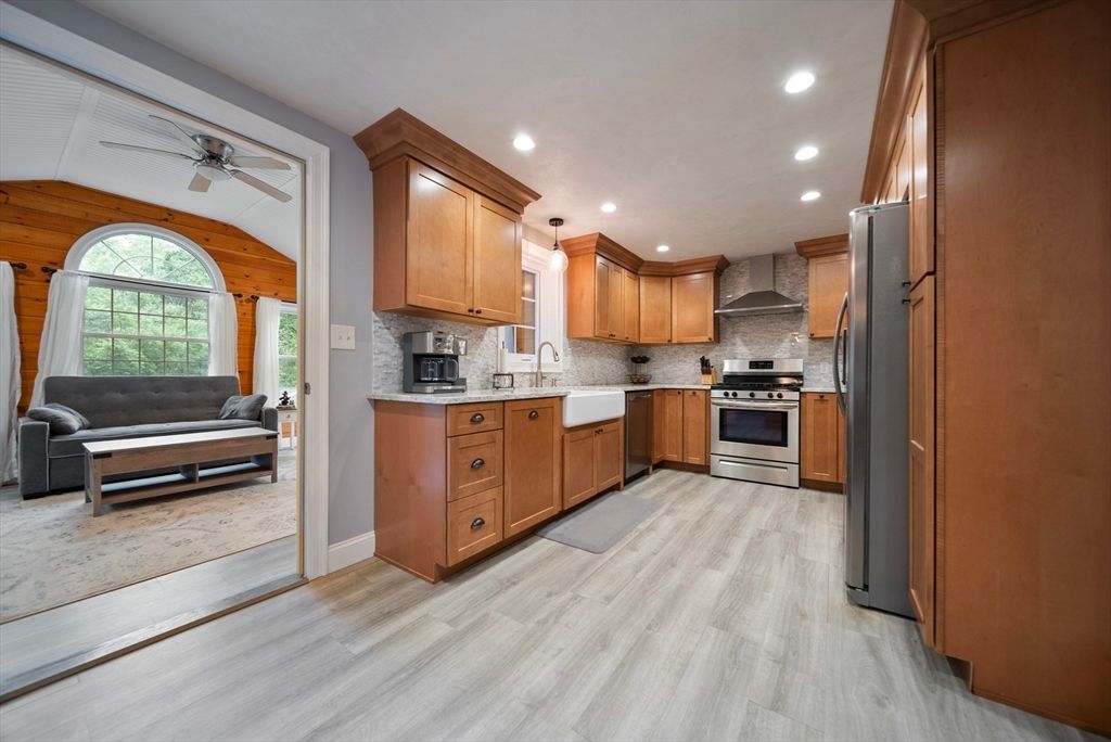 Interior, Kitchen, Living room, Recessed Lighting, Stainless Steel Appliances, Wood Texture Flooring
