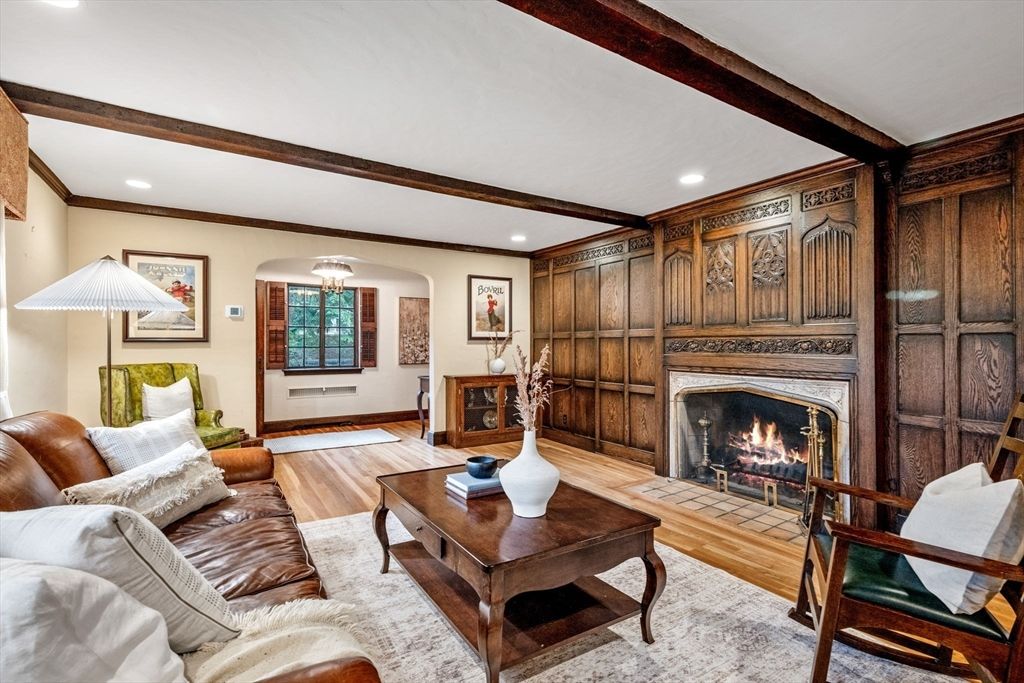 Fireplace, Interior, Living room, Recessed Lighting, Wood Texture Flooring, Wooden Walls