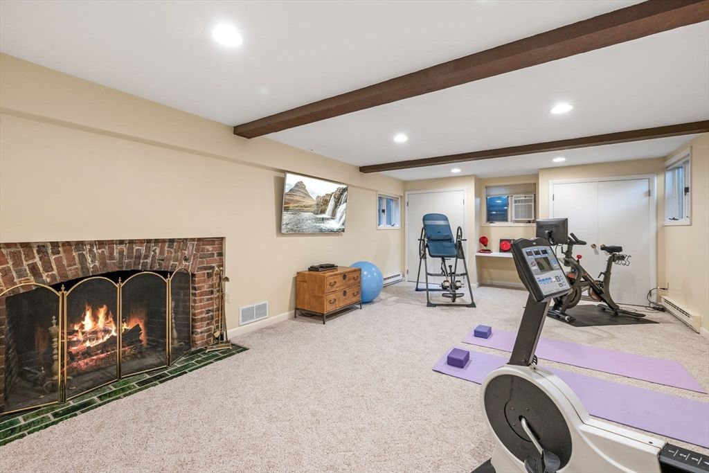 Fireplace, Fitness Equipment, Interior, Recessed Lighting, Wooden Beams