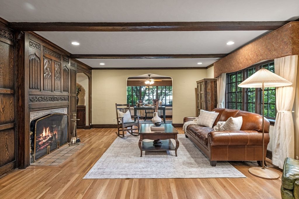Dining room, Fireplace, Interior, Living room, Recessed Lighting, Wooden Beams, Wood Texture Flooring