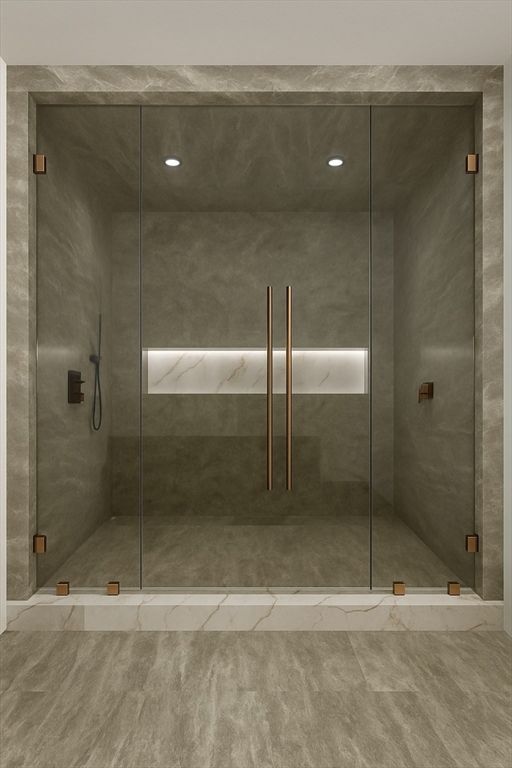 Bathroom, Glass Shower, Interior, Recessed Lighting
