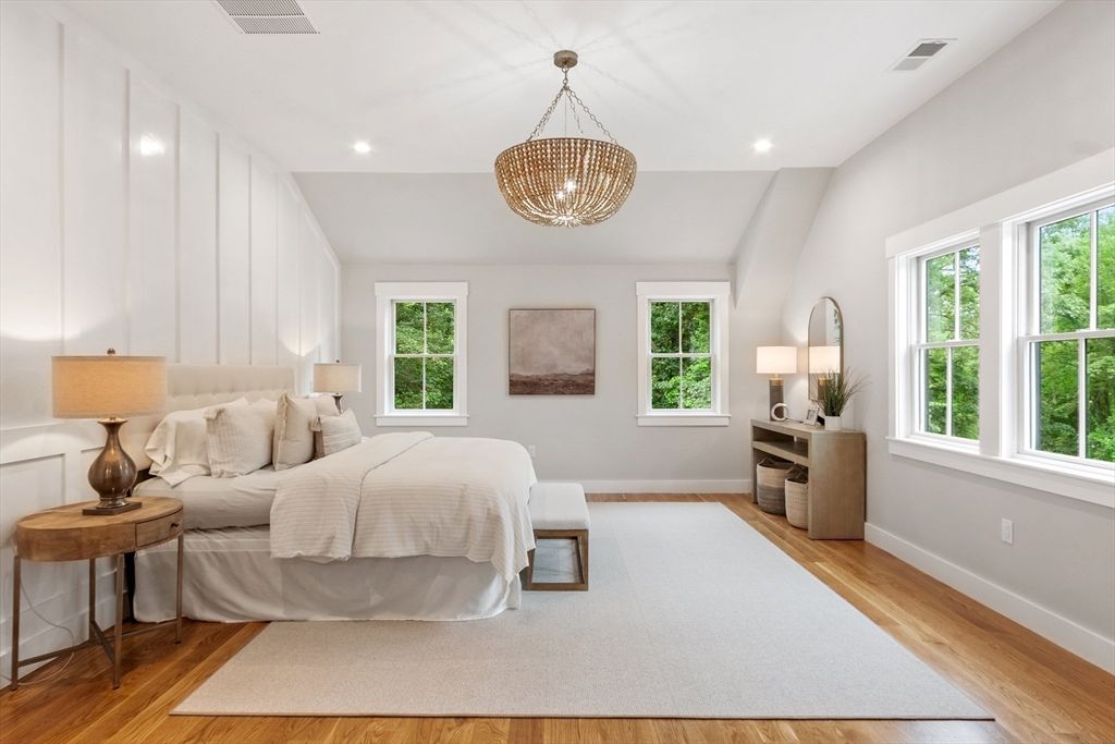 Bedroom, Chandelier, Interior, Recessed Lighting, Wood Texture Flooring