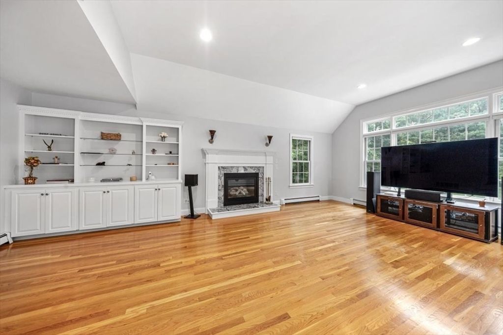Empty room, Fireplace, Interior, Recessed Lighting, Wood Texture Flooring