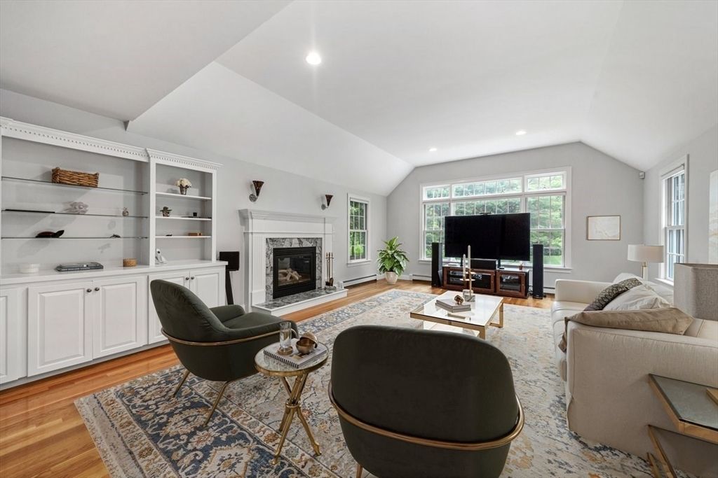 Fireplace, Interior, Living room, Recessed Lighting, Wood Texture Flooring
