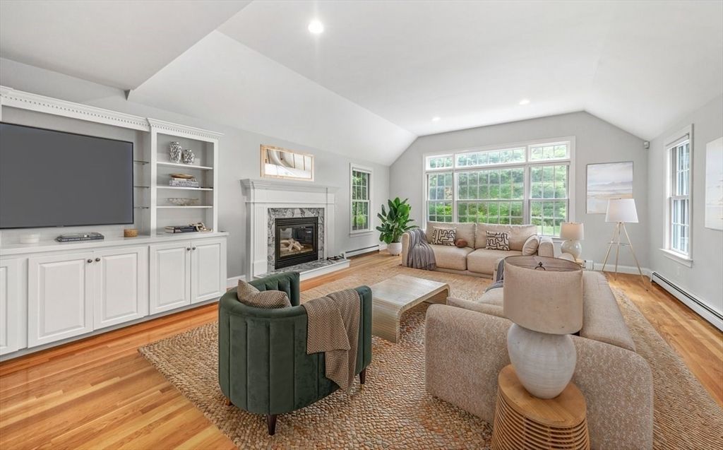 Fireplace, Interior, Living room, Recessed Lighting, Wood Texture Flooring
