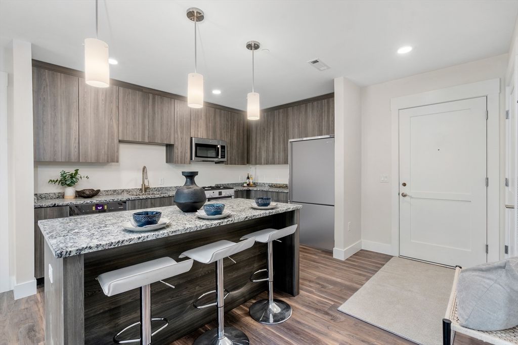 Interior, Kitchen, Pendant Lights, Recessed Lighting, Stainless Steel Appliances, Wood Texture Flooring