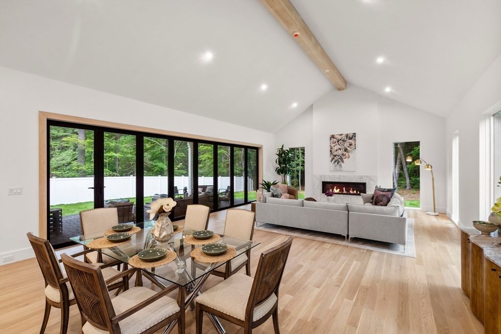 Dining room, Fireplace, Interior, Living room, Recessed Lighting, Wooden Beams, Wood Texture Flooring